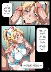 1girls 2025 ai_assisted ai_generated blonde_hair doctor doctors_office doujinshi elf female green_eyes kxy male manga manga_page nurse nurse_cap nurse_uniform original original_character ponytail upscaled