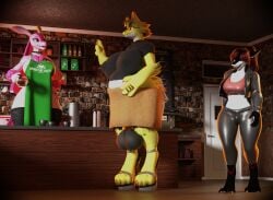anthro ball_stretcher balls big_balls big_breasts breasts cafe clothing female fish footwear genitals group gynomorph haolde haolde_(character) hi_res high_heels huge_balls huge_breasts ineffective_clothing intersex lovander lyabel_(haolde) mamagen marine pal_(species) palworld pocketpair pregnant saggy_balls shark shoes trio