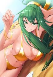 2girls beach bikini bikini_bottom bikini_top buried_in_sand cleavage crab fire_emblem fire_emblem_awakening golden_bikini golden_bikini_bottom golden_bikini_top green_eyes green_hair large_breasts looking_at_viewer manakete nintendo nowi_(fire_emblem) outdoors pointy_ears ponytail smile tiki_(adult)_(fire_emblem) tiki_(fire_emblem) ttikhii