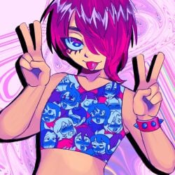 1boy 2024 ahe_gao ahegao_hoodie binder binder_(clothing) cherishedlemon double_v emo hair_over_one_eye male male_focus male_only midriff original original_character pink_hair solo solo_focus solo_male spiked_bracelet tongue tongue_out transmasc