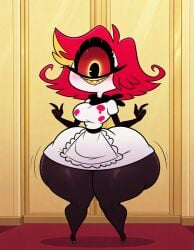 ai_generated black_leggings blush bottom_heavy breasts cyclops demon hazbin_hotel huge_ass indoors jiggling_ass looking_at_viewer maid niffty red_hair shortstack small_feet solo_female white_skin