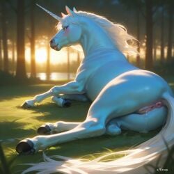 ai_generated anus artas9972 blue_fur blue_skin equine equine_anus equine_genitalia equine_pussy feral hooves horn lying pussy pussy_juice tail unicorn white_hair