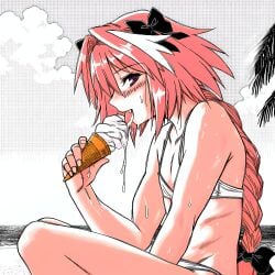 1boy 1femboy ai_generated astolfo_(fate) bangs bare_legs bare_shoulders beach bikini blush blushing_at_viewer braid braided_hair braided_ponytail crossdressing eating fate_(series) femboy femboy_focus femboy_only food from_side hair_ornament hair_ribbon hi_res highres ice_cream izacru0 licking licking_ice_cream long_hair looking_at_viewer messy_eater on_floor on_ground otoko_no_ko palm_tree partially_clothed pink_hair retro_artstyle ribbon sexually_suggestive side_glance side_view sitting sitting_on_floor smile smiling_at_viewer smirk solo solo_femboy solo_focus suggestive suggestive_look sweat sweatdrop thighs vanilla very_high_resolution white_bikini