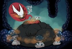 2020 absurd_res anthro arthropod ass belly big_belly big_butt black_body female fungus genitals group hi_res hollow_knight hornet_(hollow_knight) huge_belly huge_butt inflation insects inside lowkey mushroom obese overweight pussy team_cherry text