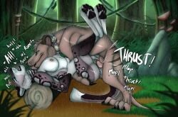 anthro anthro_on_feral anthro_penetrated between_legs blue_eyes breasts brown_body brown_fur dasyuromorph duo erection eyewear felid female female_penetrated feral feral_penetrating feral_penetrating_anthro forest from_front_position fur genitals goggles goggles_around_neck grass green_eyes hi_res humanoid_genitalia humanoid_pussy jungle killthe_demon licking licking_another lying male male/female male_penetrating male_penetrating_female mammal marsupial missionary_position nipples nude on_back open_mouth outside penetration penile penile_penetration penis penis_in_pussy pink_penis plant pussy raining recently_extinct_species rock sex shrub side_view striped_legs thylacine thylus tongue tongue_out tree vaginal_penetration vaginal_penetration white_body white_fur zoophilia