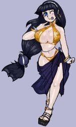 /ctt/ 1girls bikini bikini_skirt black_hair console-tan gijinka gold_bikini golden_bikini hairband hime_cut humanization humanized long_hair painted_nails painted_toenails ponytail saturn-tan tongue_out wink