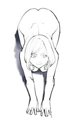 all_fours ass bent_over female female female_only female_solo high_resolution inamitsu_shinji looking_up monochrome nude simple_background sketch smile solo viewed_from_above white_background