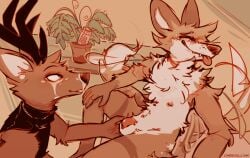 2025 anthro anthro_on_anthro antlers ball_fondling balls biped blep blush brown_body brown_fur canid canine canis cantio_(lawyerdog) closed_eyes coyote deer digital_media_(artwork) duo flaccid fondling fur genitals hi_res horn humanoid_genitalia humanoid_penis inside lawyerdog male male/male male_anthro mammal multicolored_body multicolored_fur nipples nude_anthro nude_male panko_(lawyerdog) penis smile tail tail_motion tailwag tan_body tan_fur tongue tongue_out white_balls white_body white_fur