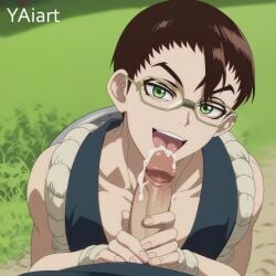 2boys ai_generated cum dr.stone fellatio gay kinro_(dr.stone) licking_penis male male_only pov yaiart yaoi