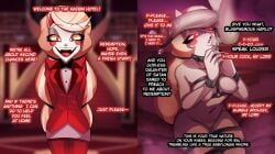 begging begging_for_sex blonde_hair bondage bsdm charlie_morningstar charlie_morningstar_(hazbin_hotel) dialogue dometi_art english_text hands_behind_back hazbin_hotel holding_cross holding_object instant_loss instant_loss_2koma juxtaposition light_skin looking_at_viewer on_knees penis_on_face red_eyes text