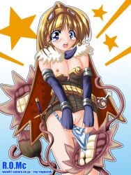 2000s_(style) alchemist_(ragnarok_online) assisted_exposure biting biting_clothes blonde_hair blue_background blue_eyes blue_gloves blue_panties blush breasts brown_cape brown_dress cape clothing cowboy_shot dress elbow_gloves female fingerless_gloves flora_(ragnarok_online) flower fur_collar gloves goggles goggles_on_head long_hair looking_at_viewer medium_breasts mouth_hold nipples open_mouth panties panties_in_mouth pussy ragnarok_online short_dress small_breasts solo star_(symbol) strapless strapless_dress striped_clothes striped_panties tatsumi_ray tearing_up uncensored underwear web_address white_background white_panties