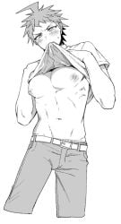 biting_clothes biting_shirt blush danganronpa danganronpa_2:_goodbye_despair hinata_hajime male male_focus male_only monochrome nipples pants pecs pecs_focus pectorals shirt_in_mouth shirt_lift shirt_up solo solo_focus solo_male uurin