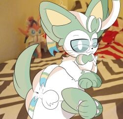 absurd_res anus ass balls bed bedroom bedroom_eyes demmy eeveelution feral fur furniture generation_6_pokemon genitals green_body green_hair hair heart_symbol hi_res male narrowed_eyes nintendo pawpads paws plushie pokemon pokemon_(species) ribbons seductive solo spread_anus spread_butt spreading sylveon whiskers white_body white_fur