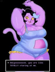 animal_ears animal_nose anthro armpits arms_behind_head arms_up belly big_belly black_hair blue_hair blush breasts cat_ears cat_girl cat_tail catty_(undertale) champchidi cleavage clothing colored_sclera colored_skin domestic_cat earrings english_language english_text fangs fat felid feline felis female female fur furry furry_female hair huge_breasts jewelry large_breasts looking_at_viewer mammal multicolored_hair open_mouth overalls overweight overweight_anthro overweight_female plump purple_body purple_fur short_hair shorts slit_pupils smile solo streaked_hair tail text thick_arms thick_thighs thighs two-tone_hair undertale undertale_(series) wide_hips yellow_eyes yellow_sclera
