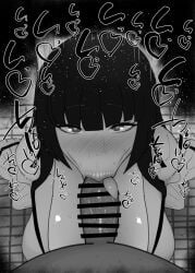 1boy 1girls :>= big_penis black_and_white blush censored detailed_background drooling eyelashes fellatio female heart human indoor inside kurotama long_hair looking_at_viewer male male_pov oral oral_sex otoha_kurogane penis rock_wa_lady_no_tashinami_deshite room saliva school_uniform shiny shiny_skin sketch sound_effects squatting student sweat text tongue_out vein veins veiny veiny_penis