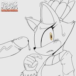 anthro blaze_the_cat blush blush_lines bodily_fluids clothing collar domestic_cat felid feline felis female genital_fluids genitals gloves handwear hi_res line_art mammal penis precum rcblackdie sega solo sonic_(series) sonic_the_hedgehog_(series) sweat sweatdrop worried yellow_eyes