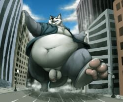 2013 3_toes anthro artist_logo balls belly big_belly biped black_nose blue_clothing blue_shirt blue_topwear bottomless bottomless_anthro bottomless_male building canid canine canis city claws clothed clothing cloud collared_shirt countershade_face countershade_feet countershade_fur countershade_torso countershading day detailed_background digital_media_(artwork) dipstick_ears ear_markings eyebrows feet finger_claws fingers flaccid foreskin front_view full-length_portrait fur genitals gillpanda grey_body grey_fur huge_belly humanoid_genitalia humanoid_penis logo looking_aside looking_down low-angle_view macro macro_anthro macro_male male male_anthro mammal monotone_tail multicolored_body multicolored_ears multicolored_fur navel obese obese_anthro obese_male open_clothing open_mouth open_shirt open_smile open_topwear outside overweight overweight_anthro overweight_male pawpads penis pink_pawpads portrait rolled_up_sleeves shaded shirt shirt_only sky smile solo street street_lamp tail teaselbone_(character) teeth toe_claws toes topwear topwear_only two_tone_body two_tone_fur walking whisker_spots white_body white_claws white_countershading white_eyebrows white_fur white_inner_ear wolf