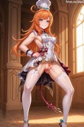 1girls ai_generated aqua_eyes dress dress_lift escoffier_(genshin_impact) female female_only female_pubic_hair garter_belt garter_straps genshin_impact hat headwear lace-trimmed_thighhighs legs_apart long_hair looking_at_viewer medium_breasts mostly_clothed no_panties orange_hair orange_pubic_hair patreon perky_breasts pubic_hair pussy salupai seductive_look showing_pussy smile solo solo_female standing tail thighhighs uncensored watermark white_thighhighs