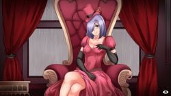 artist_name blue_hair breasts cg ciel_phantomhive cleavage curtains dress elbow_gloves female gloves green_eyes hair_over_one_eye hat hentai_heroes indoors kinkoid long_hair looking_at_viewer lucile_(hentai_heroes) official_art parody puffy_short_sleeves puffy_sleeves sitting smile solo throne watermark web_address window