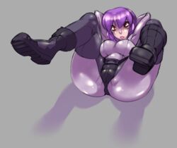 ass bodysuit boots breasts c-smut-run cameltoe csmutrun female female_only ghost_in_the_shell ghost_in_the_shell_stand_alone_complex kusanagi_motoko latex legs_up purple_hair red_eyes simple_background sketch skin_tight solo spread_legs