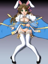 animal_ears arch_bishop_(ragnarok_online) black_shoes blue_bow blue_dress blush bow breasts brown_hair brown_pubic_hair character_name cleavage cleavage_cutout clothes_lift clothing_cutout commentary_request cross cum cum_on_body cum_on_breasts cum_on_crotch dress facial fake_animal_ears female female_pubic_hair fingernails fishnet_thighhighs fishnets frilled_thighhighs frills full_body green_eyes hairbow juliet_sleeves large_breasts long_hair long_sleeves looking_at_viewer no_panties open_mouth pelvic_curtain pelvic_curtain_lift pink_bow pubic_hair puffy_sleeves rabbit_ears ragnarok_online red_nails sash shoes sitting solo tatsumi_ray thighhighs translation_request two-tone_dress white_dress white_thighhighs yellow_sash