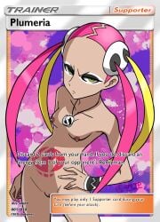 4mltp breasts brown_body dark_nipples nipples nude nude_edit nude_female nude_filter pendant pink_hair plumeria_(pokemon) pokemon pokemon_sm pokemon_tcg slender_body small_breasts tattoo team_skull team_skull_grunt_(female) twintails yellow_eyes