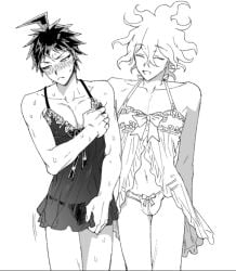 2boys blush covering_self crossdressing crossdressing_male danganronpa danganronpa_2:_goodbye_despair embarrassed gay hinata_hajime lingerie male male_focus male_only monochrome nagito_komaeda nipples nipples_visible_through_clothing panties see-through see-through_clothing smile underwear uurin yaoi