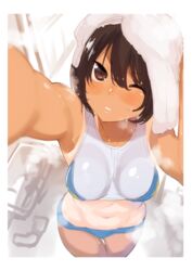 akagi_asahito brown_eyes brown_hair dark_skin female female foreshortening midriff navel one_eye_closed original short_hair solo sports_bikini steam tanlines tanned towel towel_on_head