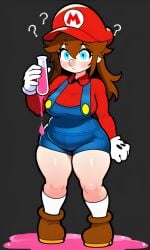 5_fingers ??? ai_generated big_breasts big_nose blue_eyes blue_overalls blush boots breasts brown_boots brown_hair busty clothed collared_shirt confused confusion curvy female gender_transformation genderswap_(mtf) gloves gray_background long_hair mariette mario_(series) mario_cap mario_hat overall_shorts pink_liquid pixai red_hat red_shirt rule_63 shortstack simple_background socks solo spilled_liquid spilled_potion thick_thighs vial white_gloves white_socks