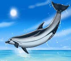 2025 animal_genitalia animal_pussy anus black_body blue_sclera cetacean cetacean_genitalia cetacean_pussy dolorcin dolphin female female_feral feral genitals hi_res jumping light light_beam mammal mammary_slits marine momi_(pratum_vulpes) oceanic_dolphin outside presenting pussy sea solo striped_body striped_dolphin stripes sun sunbeam sunlight toothed_whale water wet white_body year