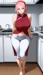 ai_generated big_ass big_breasts boruto:_naruto_next_generations breasts capri_pants front_view jorai123 looking_at_viewer mature_female mature_figure milf naruto_(series) naruto_shippuden pink_hair red_dress sakura_haruno short_hair solo solo_female solo_focus