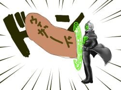 1boy belt black_clothing boots cape censored censored_genitalia censored_penis digital_media_(artwork) fully_clothed green_armor green_aura green_magic hyper hyper_genitalia hyper_penis japanese_text kamen_rider kamen_rider_wizard kamen_rider_wizard_(series) large_penis magic magic_circle male male_only penis penis_expansion sketch solo solo_focus solo_male