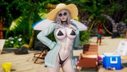 1girls 3d beach big_breasts bikini blonde_hair breasts choker cowboy_shot detailed_background female female_focus ggadams hat highres honey_select_2 light-skinned_female light_skin long_hair original original_character outdoors standing straw_hat sunglasses water