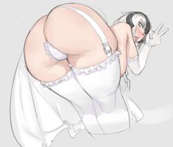 1girls ass ass_focus bent_over big_ass bloop cape dress elbow_gloves fat_ass fate/grand_order fate_(series) female female_only garter_straps gloves helmet jeanne_alter jeanne_d'arc_(fate) large_ass lingerie simple_background solo thighhighs tongue tongue_out v wedding_dress white_elbow_gloves white_gloves