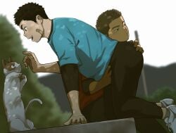 2020s 2024 2boys ass bandaid bandaid_on_cheek black_hair brown_hair domestic_cat feline footwear fully_clothed grabbing_ass grabbing_bulge human kanaty_12 leggings light_skin male male_only original tan_skin