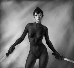 ashi_(samurai_jack) body_painting breasts cowboy_shot daughters_of_aku dual_wielding female female_only female_solo fivegarret katana large_filesize leo95 looking_at_viewer medium_breasts monochrome nude realistic samurai_jack solo sword weapon