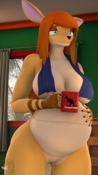 3d 4k absurd_res anthro belly big_belly big_breasts breast_curtains breasts coffee_mug digital_media_(artwork) donglysfm female hi_res inside kangaroo macropod mammal marsupial mayternity_2025 pouch_(anatomy) pregnant revamped_anthros ruth_(donglysfm) solo source_filmmaker_(artwork) towel towel_around_neck towel_only wide_hips