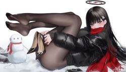 ai_generated ass big_ass big_breasts big_butt big_thighs black_hair black_heels black_jacket blush breasts camera cute_eyes earrings feet feet_up female fully_clothed heels holding_object horny_female huge_breasts jacket light-skinned_female light_skin long_hair original original_character posing posing_for_the_viewer red_eyes red_nail_polish scarf simple_background snow tights white_headwear
