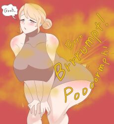 1girls ass_bigger_than_torso beige_dress big_ass big_breasts big_butt blonde_hair blush blushing breasts_bigger_than_head dress fart fart_cloud fart_fetish farting female hands_on_knees leaning_forward navi02 nipple_bulge nipples nipples_visible_through_clothing relief thick_thighs tight_dress wide_ass