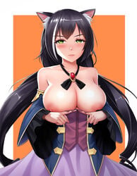 animal_ears areolae bare_shoulders black_hair black_neckwear black_ribbon blush breasts breasts_out breasts_out_of_clothes brooch clavicle cleavage closed_mouth corset female frilled_sleeves frills gem green_eyes jewelry kyaru_(princess_connect) large_areolae large_breasts lips long_hair long_sleeves looking_at_viewer low_twintails multicolored_hair neck_ribbon nekomimi nipples obaoba_(monkeyix) off_shoulder open_clothes orange_background outside_border princess_connect! princess_connect!_re:dive purple_skirt ribbon simple_background skirt smile solo streaked_hair tied_hair twintails upper_body very_long_hair white_background white_hair wide_sleeves