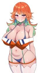 absurdres adapted_costume bikini bikini_under_clothes blue_bikini blush breasts cleavage collarbone female gradient_hair hashira_14 highleg highleg_bikini highres hololive hololive_english huge_breasts long_hair looking_at_viewer multicolored_hair orange_hair parted_lips purple_eyes shiny_skin simple_background smile solo standing swimsuit takanashi_kiara thighhighs virtual_youtuber white_background white_thighhighs