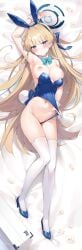 animal_ears arm_up ayamy blonde_hair blue_archive blue_halo blue_nails blue_shoes breasts comiket_102 detached_collar ear_piercing fake_animal_ears female halo highleg highleg_leotard large_breasts leotard long_hair lying navel nipples on_back on_bed piercing shoes solo thighhighs toki_(blue_archive) toki_(bunny)_(blue_archive) white_thighhighs wrist_cuffs