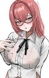 1girls big_breasts black_bra bra bra_visible_through_clothes breast_focus breasts eyewear female female_only glasses hair huge_breasts nero_watch pink_eyes pink_hair shirt solo solo_female tsukishiro_yanagi upper_body white_shirt zenless_zone_zero