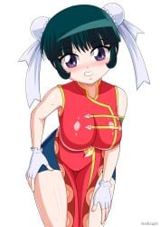 beyblade beyblade_metal_fusion big_breasts blush breasts chinese_dress chinese_female helltzujih leaning_forward mei_mei_(beyblade) metal_fight_beyblade purple_eyes seductive teal_hair