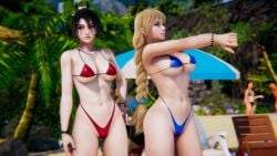 2girls 3d beach big_breasts bikini black_hair blonde_hair blue_eyes bracelet braid braided_hair breasts brown_eyes cowboy_shot detailed_background female female_only ggadams highres honey_select_2 jewelry light-skinned_female light_skin long_hair necklace outdoors ponytail slim sophitia_alexandra soul_calibur standing taki