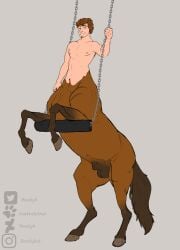 animal_genitalia balls brown_body brown_fur centaur equid equid_taur equine equine_taur european_mythology fully_sheathed fur genitals greek_mythology grey_background hi_res hooves horse horse_taur humanoid_taur katthekitkat legs_up male mammal mammal_taur mythology nipples nude_male nude_taur sheath simple_background solo swing taur