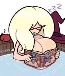 1female 1girls 2d 2d_(artwork) 2d_artwork artist_name asleep beauty_mark big_breasts blonde_female blonde_hair blonde_hair_female boobs_pressed book_covering_breasts book_on_breasts breasts breasts_bigger_than_head breasts_press breasts_squish cleavage closed_eyes glasses hira.shotgun hot_tub huge_breasts in_water large_breasts light-skinned_female light_skin madame_velours original_character pet_dinosaur question_mark relaxing sleeping solo_female solo_focus twitter_username wet wet_body witch witch_hat zzz