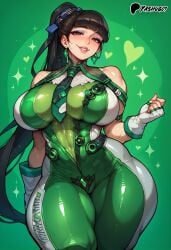 ai_generated asian asian_female athletic_female bare_thighs black_hair bodysuit brown_eyes eve_(stellar_blade) gigantic_breasts huge_breasts huge_thighs light-skinned_female light_skin looking_at_viewer massive_breasts ponytail smiling solo_female squatting stellar_blade sweat sweatdrop thick_body thick_female thick_thighs thighs voluptuous voluptuous_female yashugai