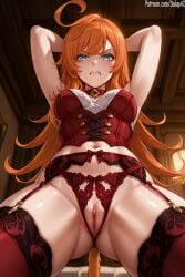 1girls ai_generated angry angry_face aqua_eyes collar corset escoffier_(genshin_impact) female female_only from_below garter_belt garter_straps genshin_impact hands_behind_head lace-trimmed_panties lace-trimmed_thighhighs lingerie long_hair looking_at_viewer medium_breasts navel orange_hair panties patreon perky_breasts pussy red_panties red_thighhighs salupai solo solo_female tail thighhighs thighs uncensored watermark