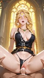 1boy 1boy1girl 1girl1boy 1girls ai_generated armlet big_breasts black_dress black_thong blonde_female blonde_hair blush braided_hair breasts cowgirl_position cum cum_drip cum_in_mouth cum_in_pussy cum_inside cum_on_body cum_on_breasts dress drooling elden_ring female glowing_eyes hi_res high_quality high_resolution highres jewelry nnnyr open_mouth pleasure_face pov pov_eye_contact queen_marika_the_eternal sex single_braid stable_diffusion thong thong_aside vaginal_penetration vaginal_sex visible_breath yellow_eyes